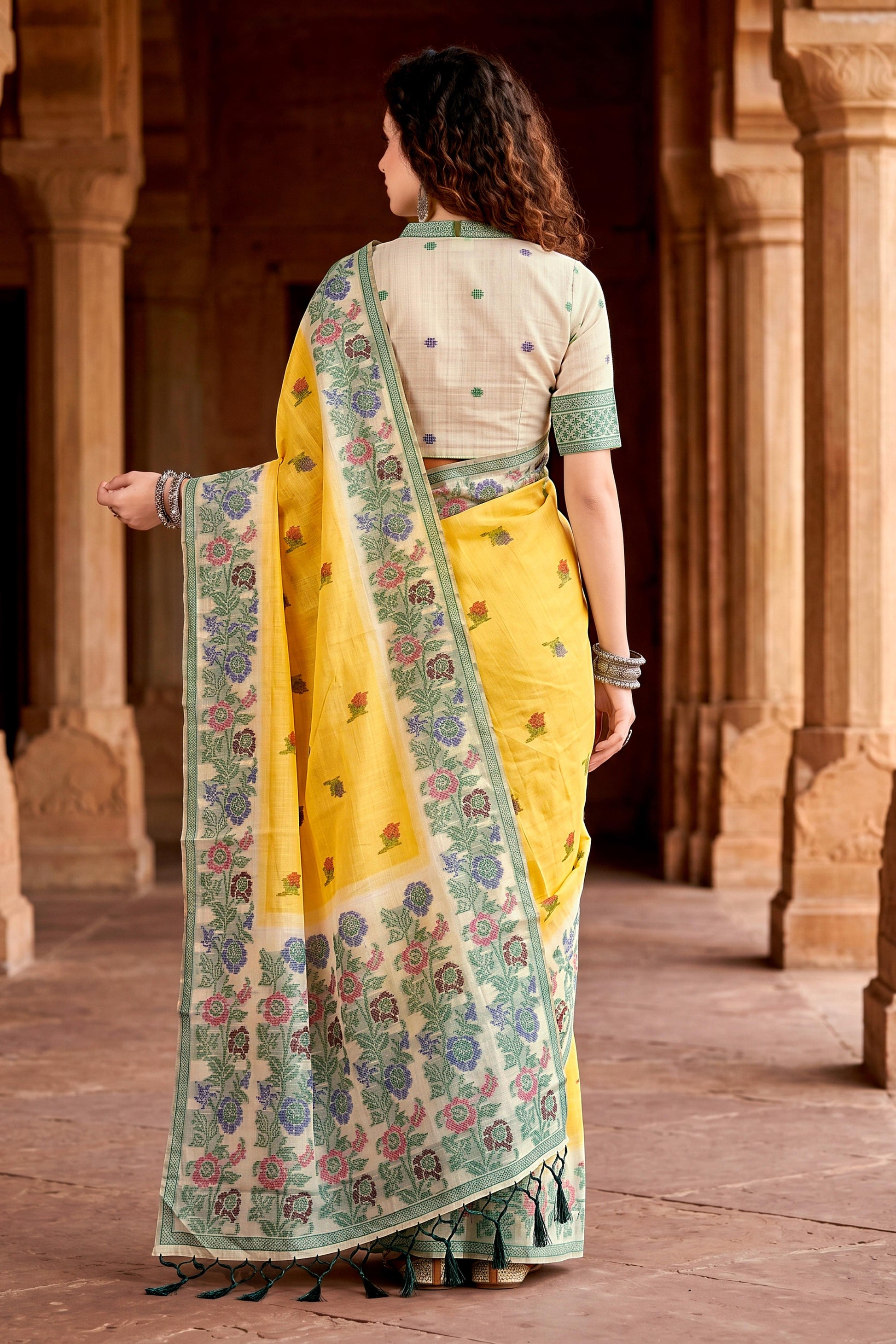 Sangam Prints Haldi Yellow Cotton Blend Woven Work Traditional Saree
