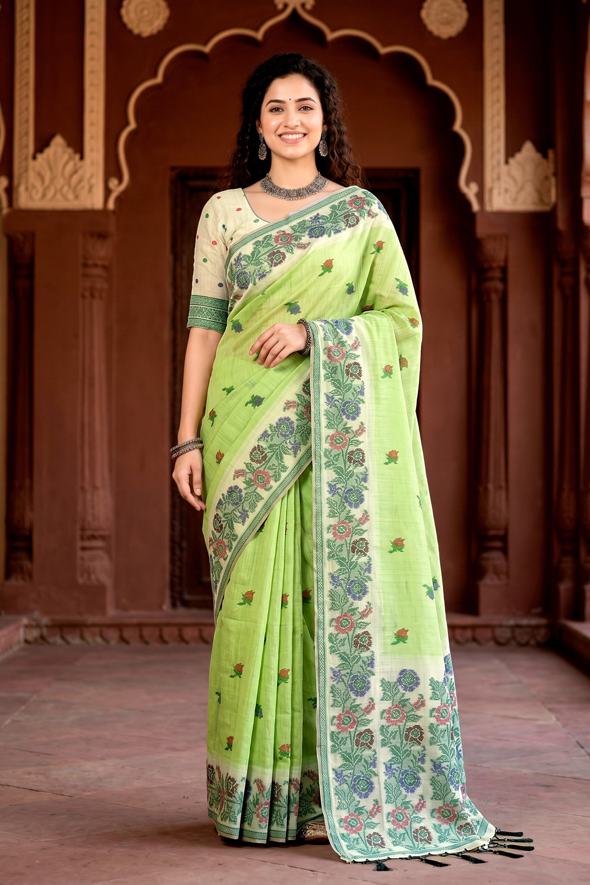 Sangam Prints Pista Green Cotton Blend Woven Work Traditional Saree