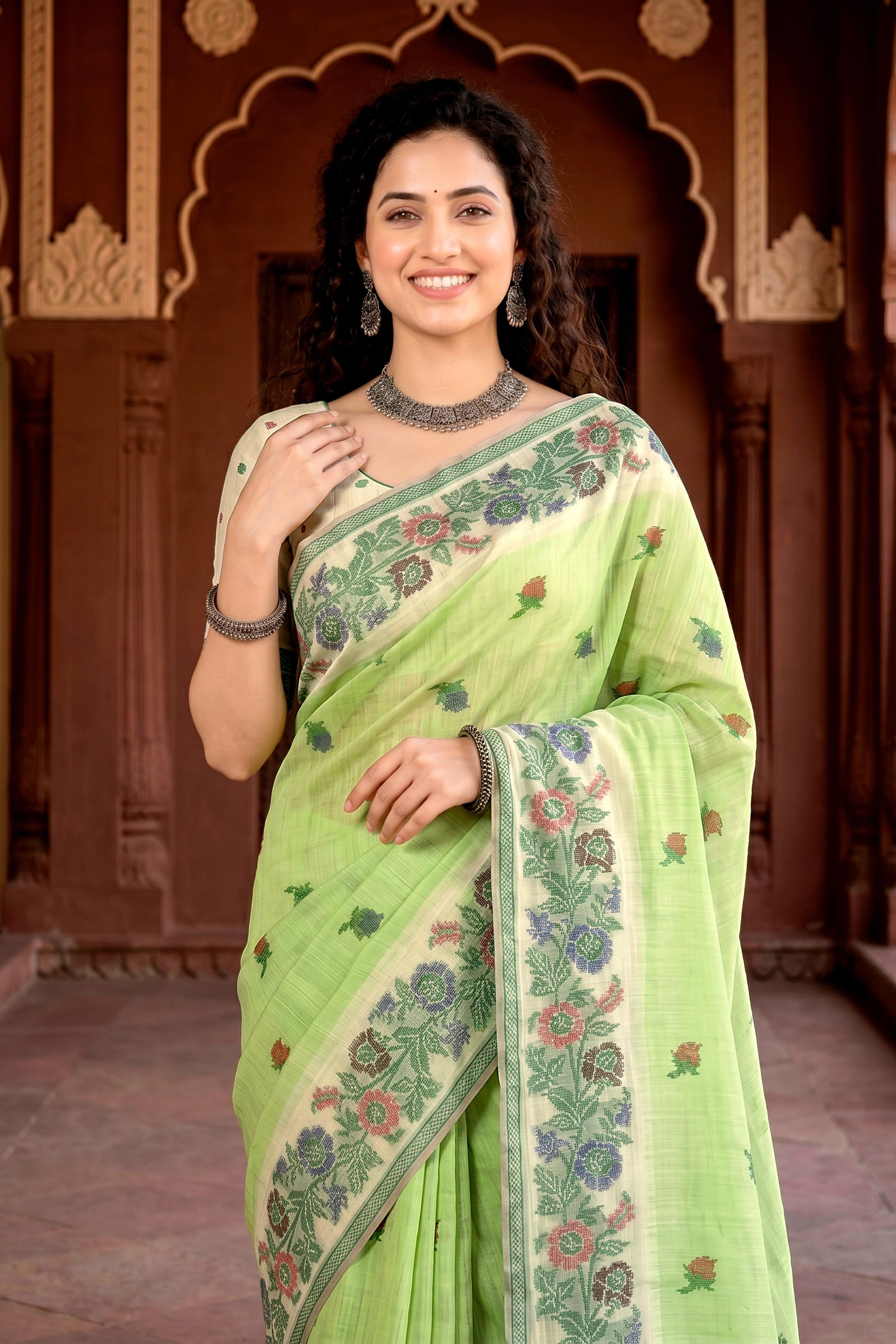 Sangam Prints Pista Green Cotton Blend Woven Work Traditional Saree