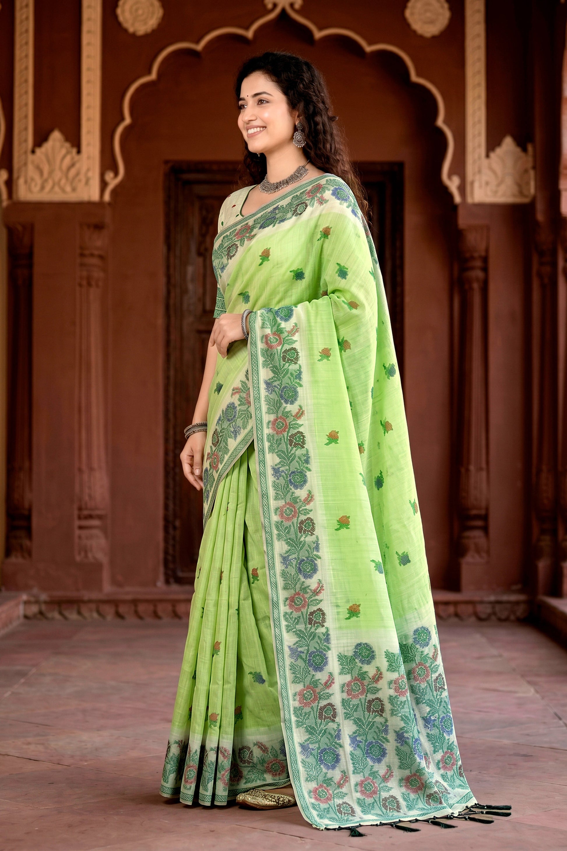 Sangam Prints Pista Green Cotton Blend Woven Work Traditional Saree