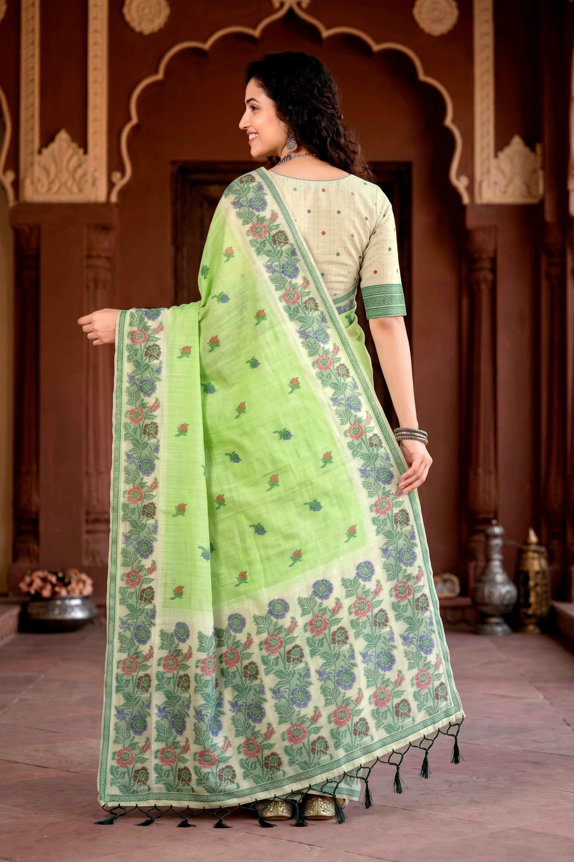 Sangam Prints Pista Green Cotton Blend Woven Work Traditional Saree