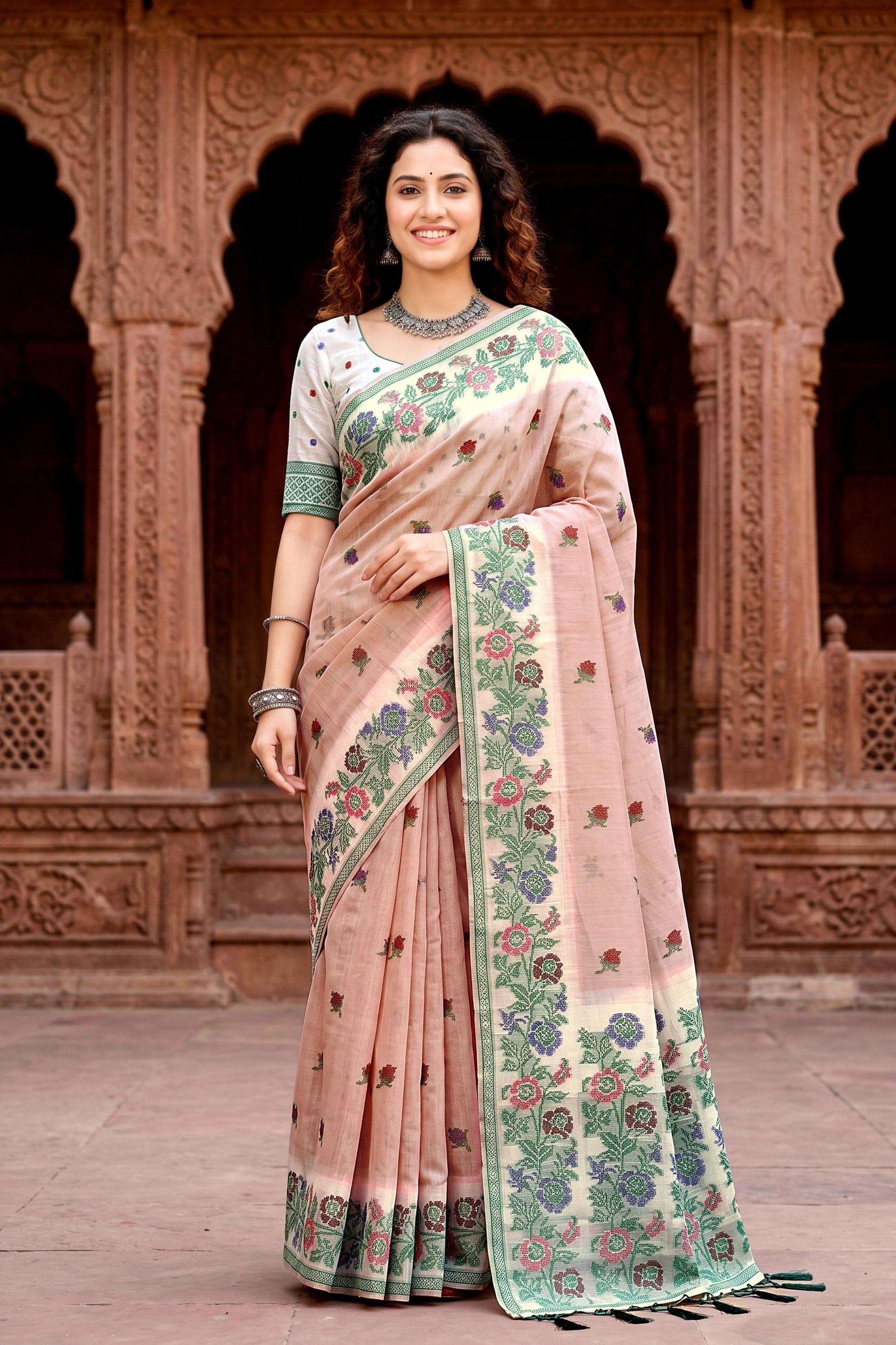 Sangam Prints Dusty Peach Cotton Blend Woven Work Traditional Saree