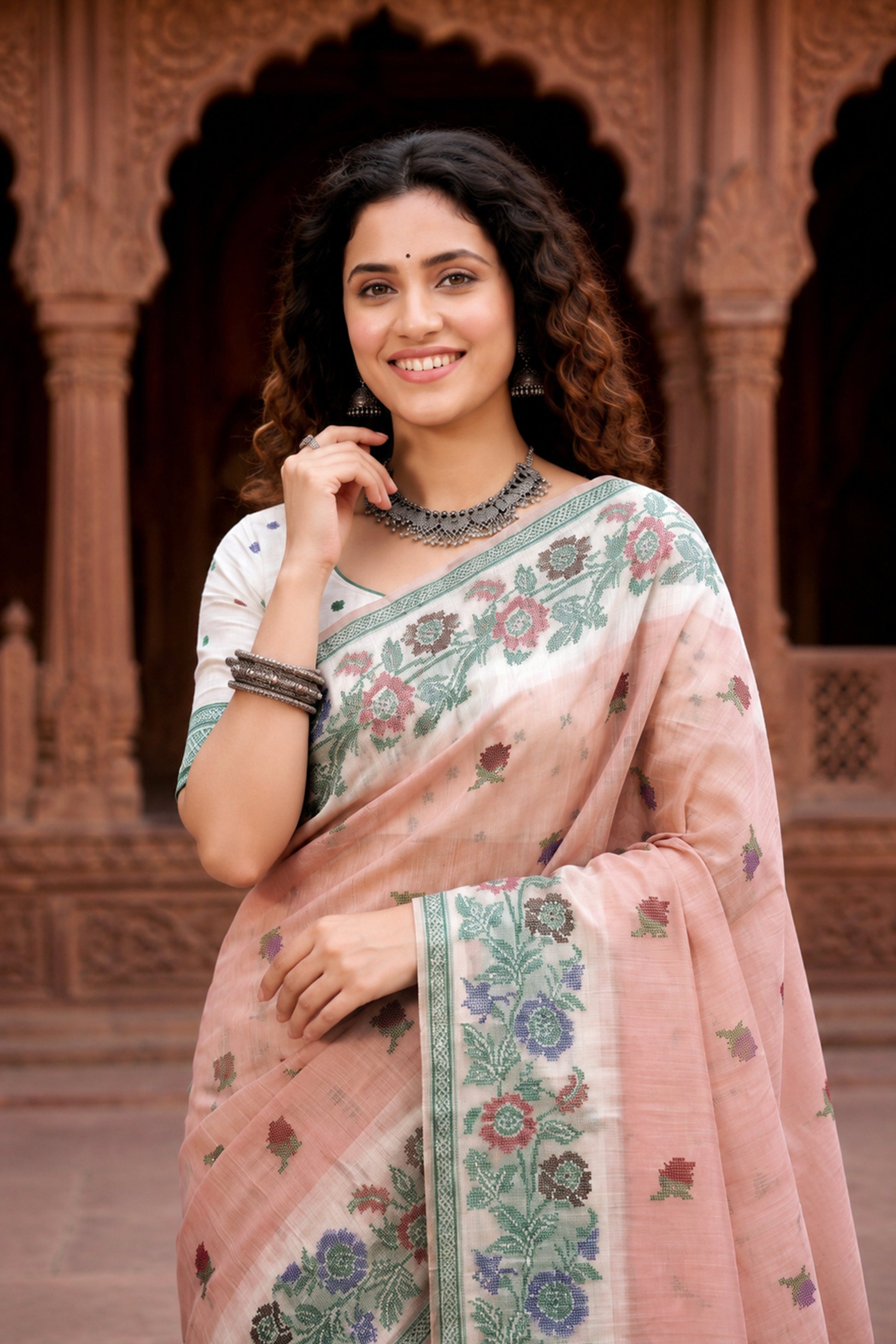 Sangam Prints Dusty Peach Cotton Blend Woven Work Traditional Saree