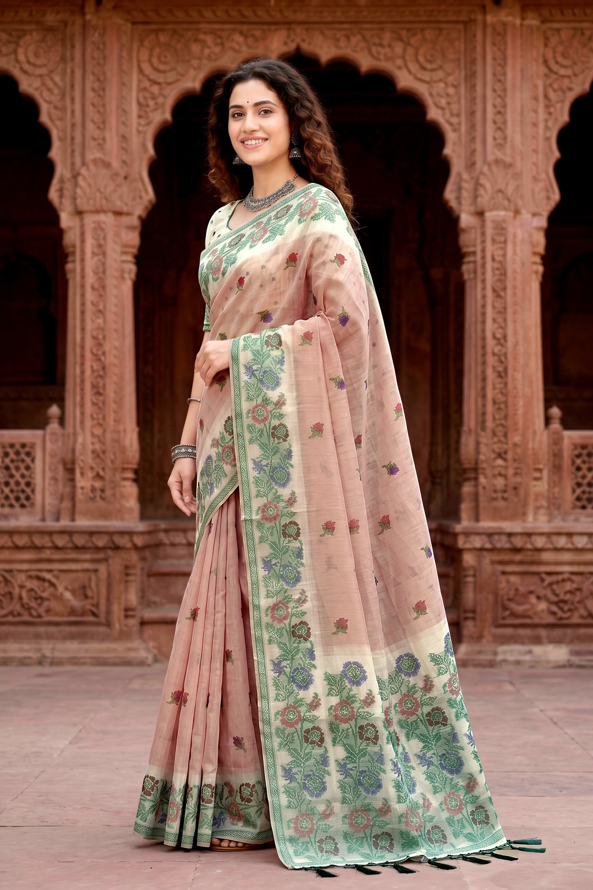 Sangam Prints Dusty Peach Cotton Blend Woven Work Traditional Saree