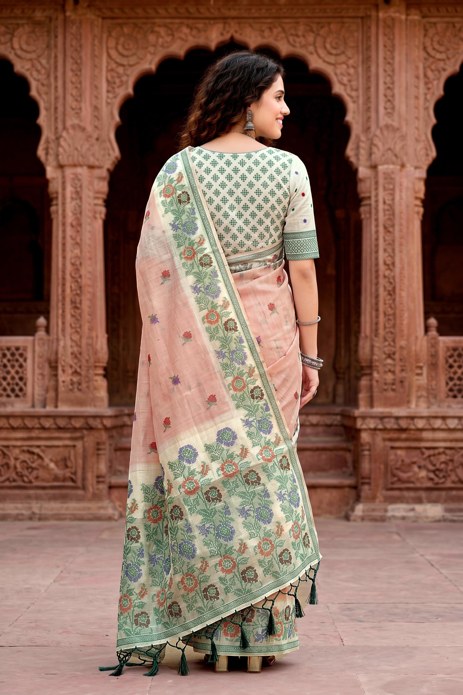 Sangam Prints Dusty Peach Cotton Blend Woven Work Traditional Saree