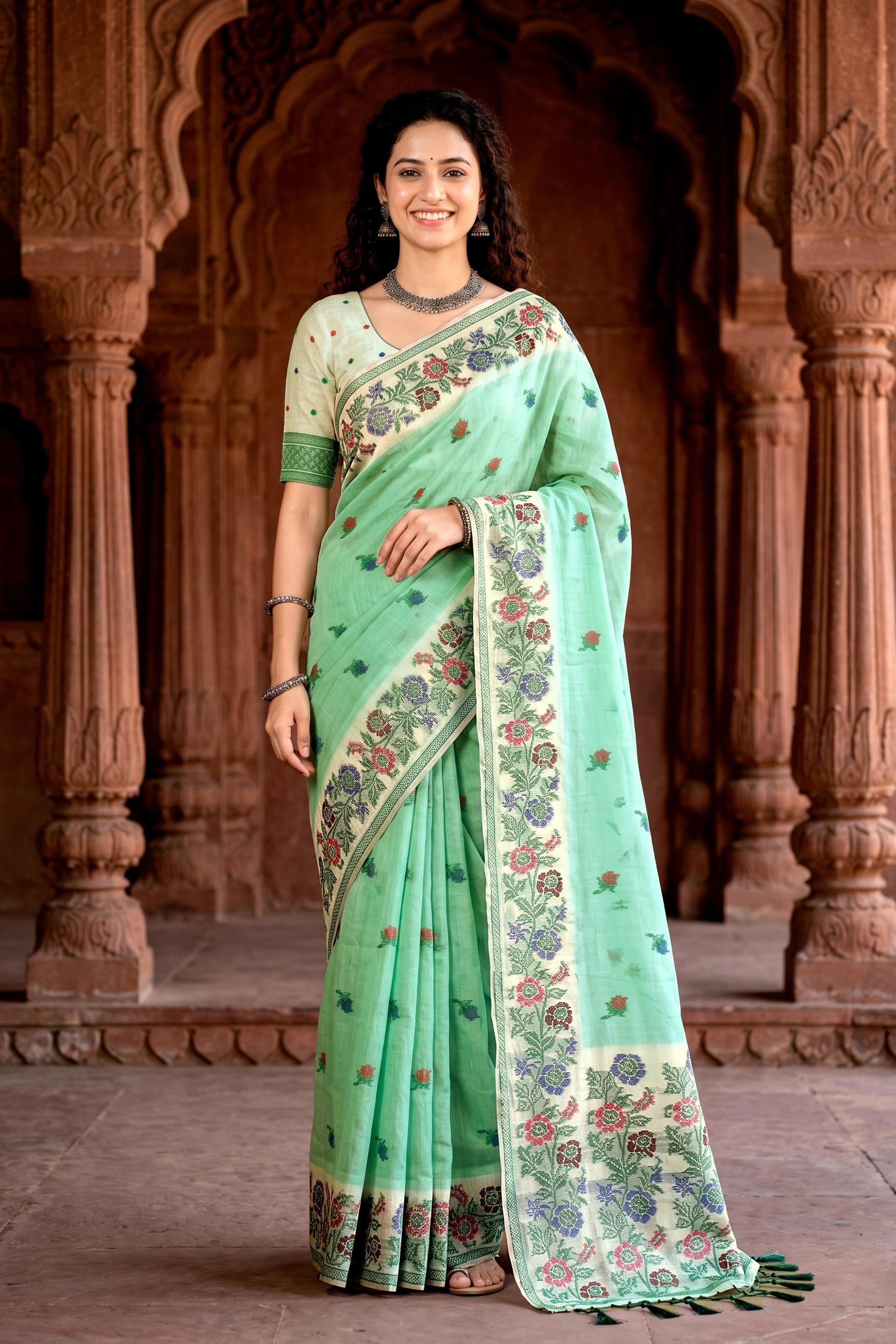Sangam Prints Mint Green Cotton Blend Woven Work Traditional Saree