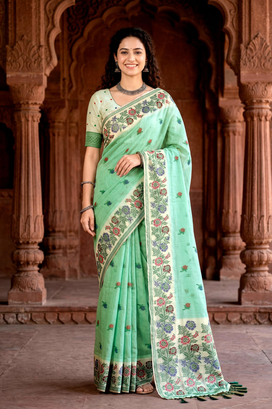 Sangam Prints Mint Green Cotton Blend Woven Work Traditional Saree