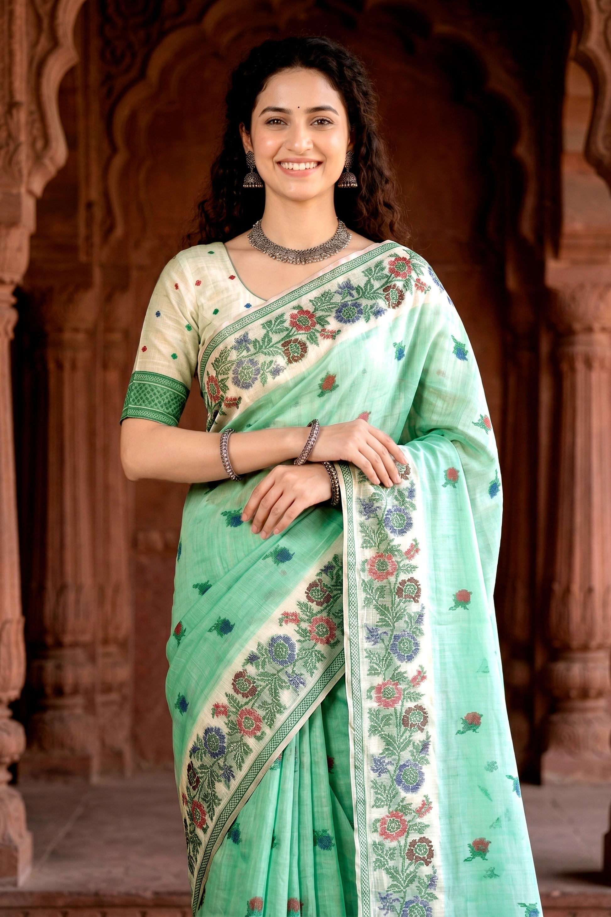 Sangam Prints Mint Green Cotton Blend Woven Work Traditional Saree
