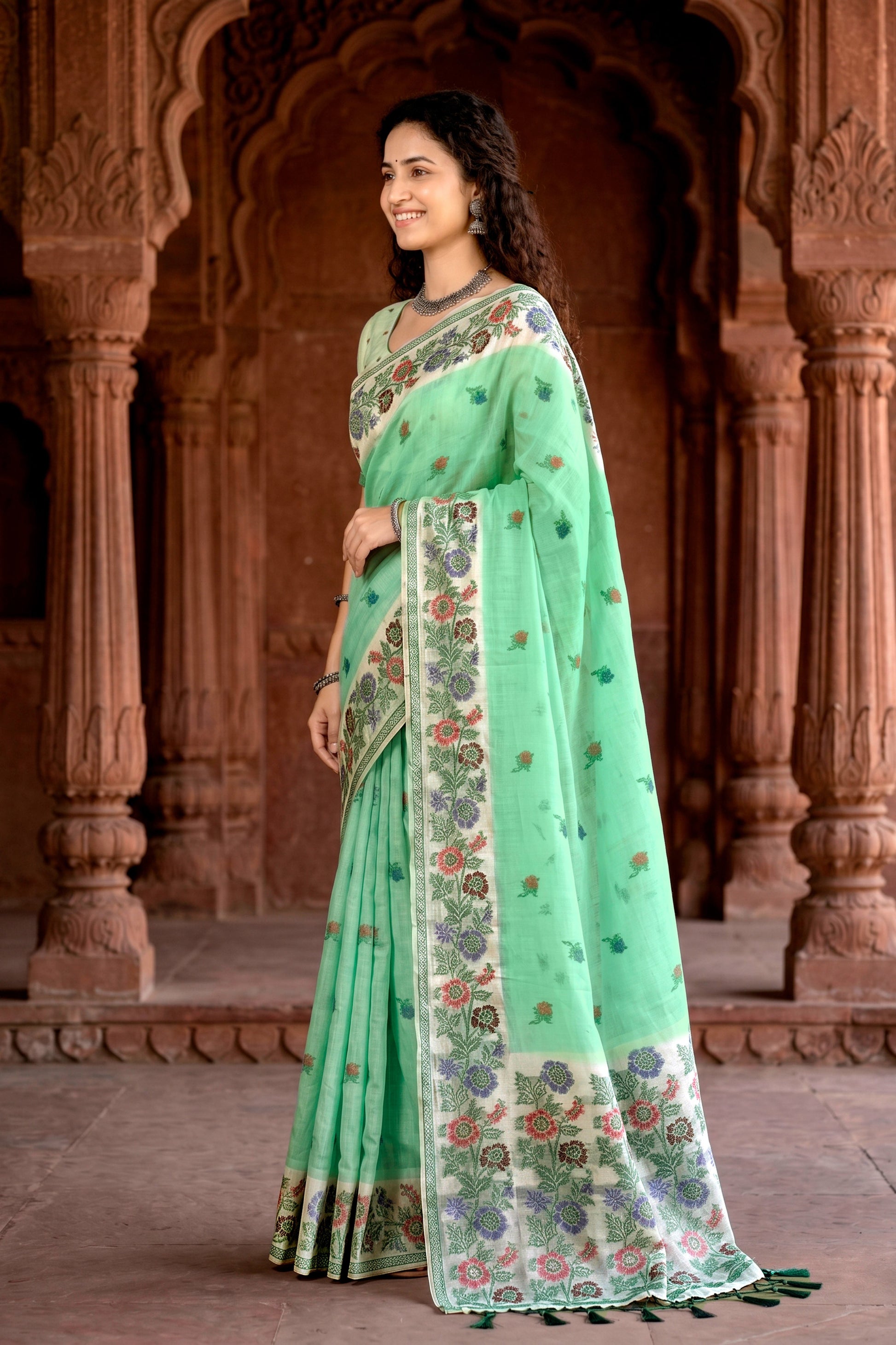 Sangam Prints Mint Green Cotton Blend Woven Work Traditional Saree