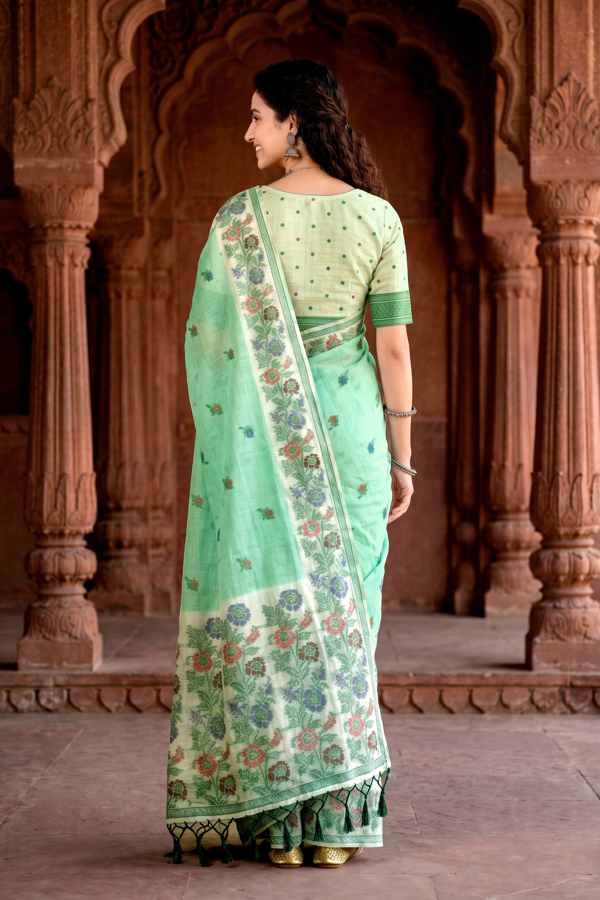 Sangam Prints Mint Green Cotton Blend Woven Work Traditional Saree