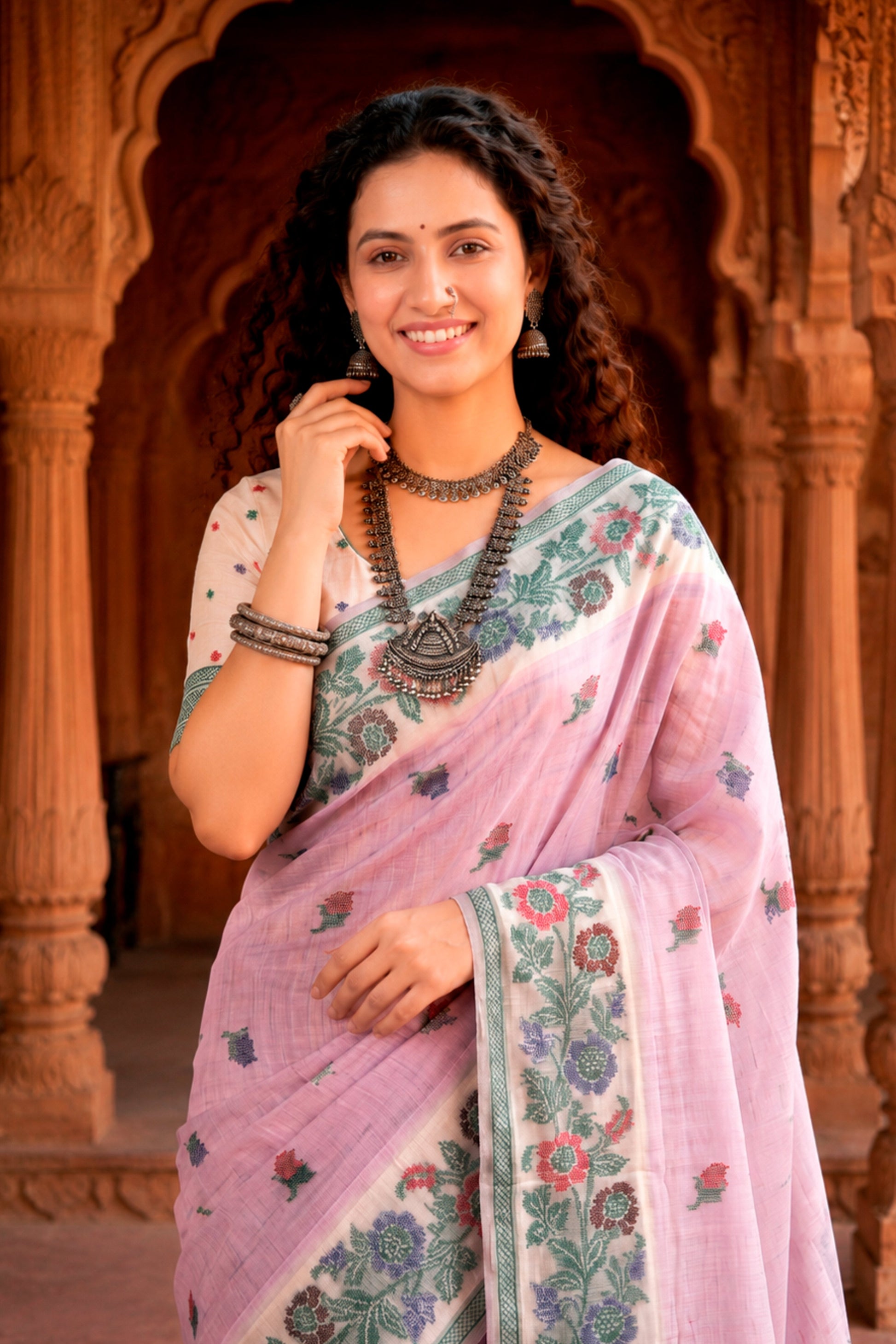 Sangam Prints Lavender Cotton Blend Woven Work Traditional Saree