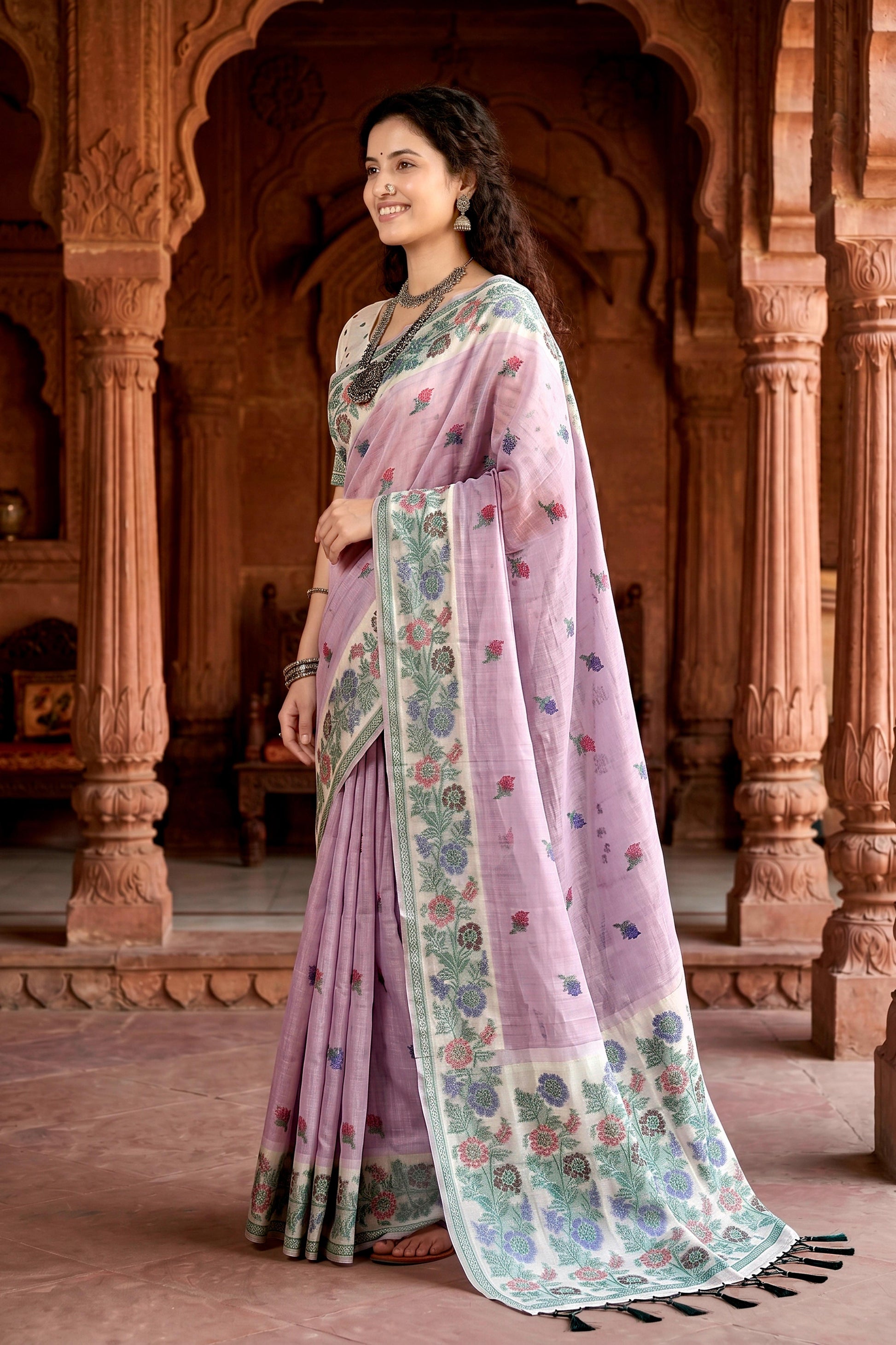Sangam Prints Lavender Cotton Blend Woven Work Traditional Saree
