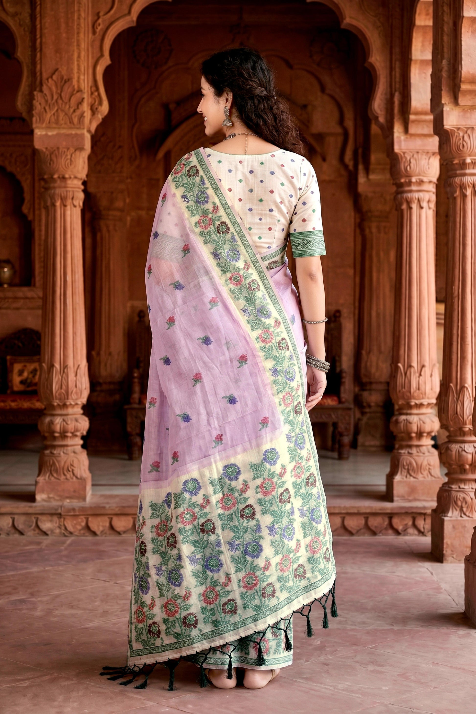 Sangam Prints Lavender Cotton Blend Woven Work Traditional Saree