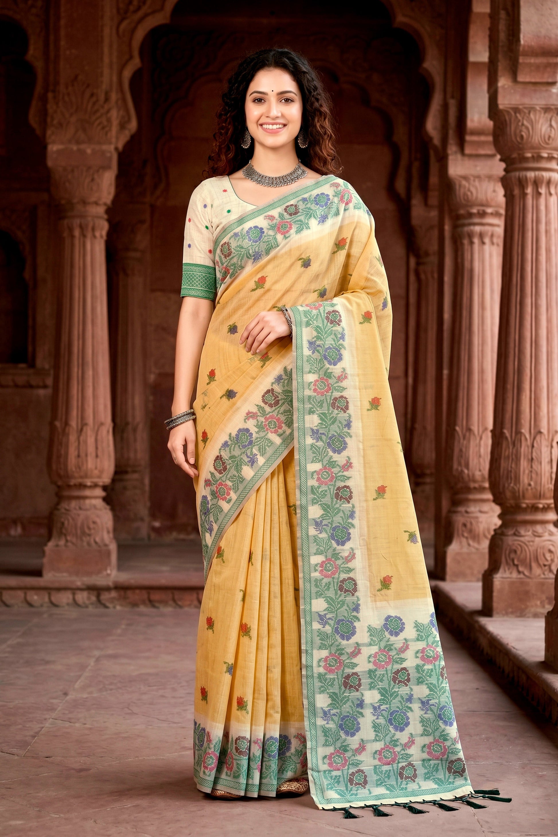Sangam Prints Mustard Yellow Cotton Blend Woven Work Traditional Saree