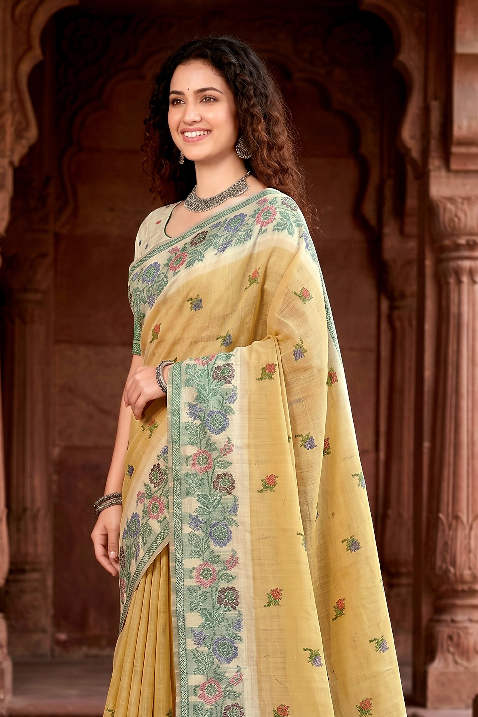 Sangam Prints Mustard Yellow Cotton Blend Woven Work Traditional Saree