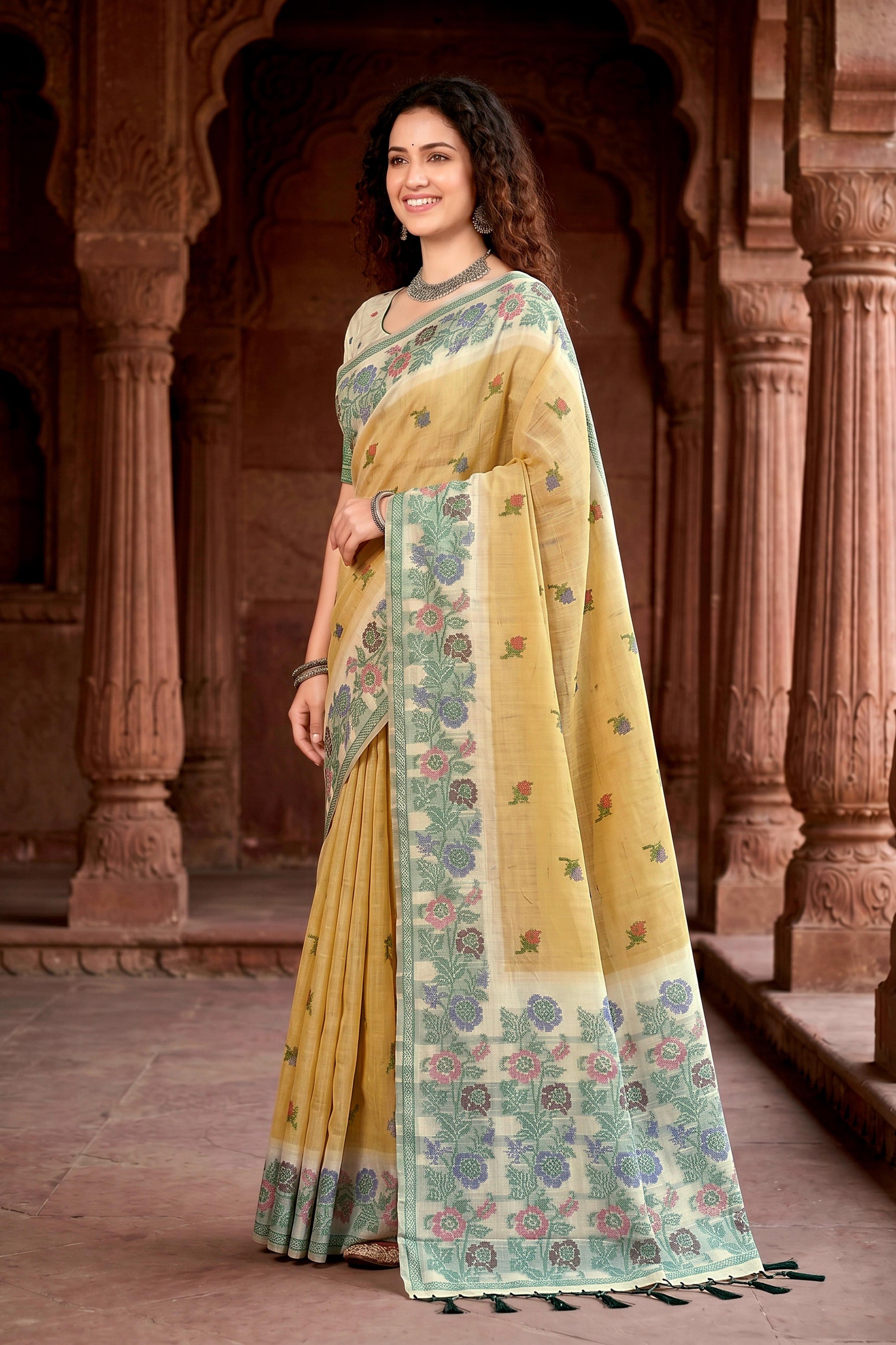 Sangam Prints Mustard Yellow Cotton Blend Woven Work Traditional Saree
