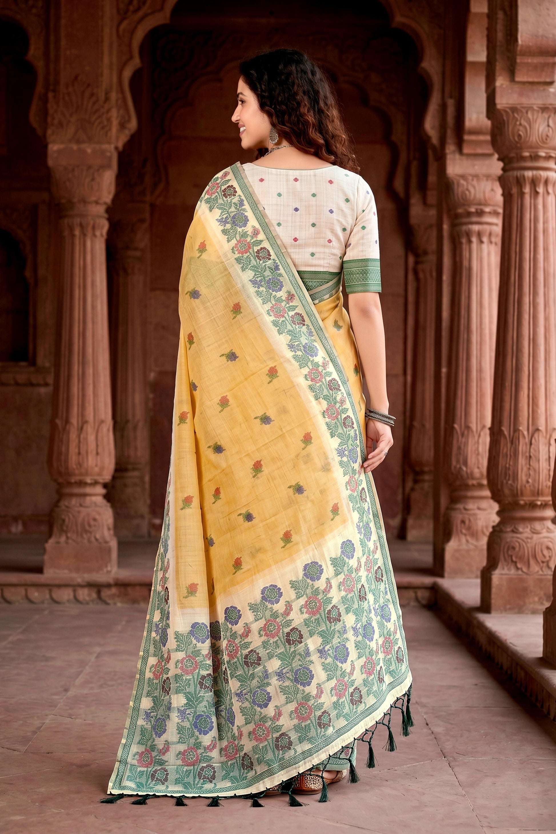 Sangam Prints Mustard Yellow Cotton Blend Woven Work Traditional Saree