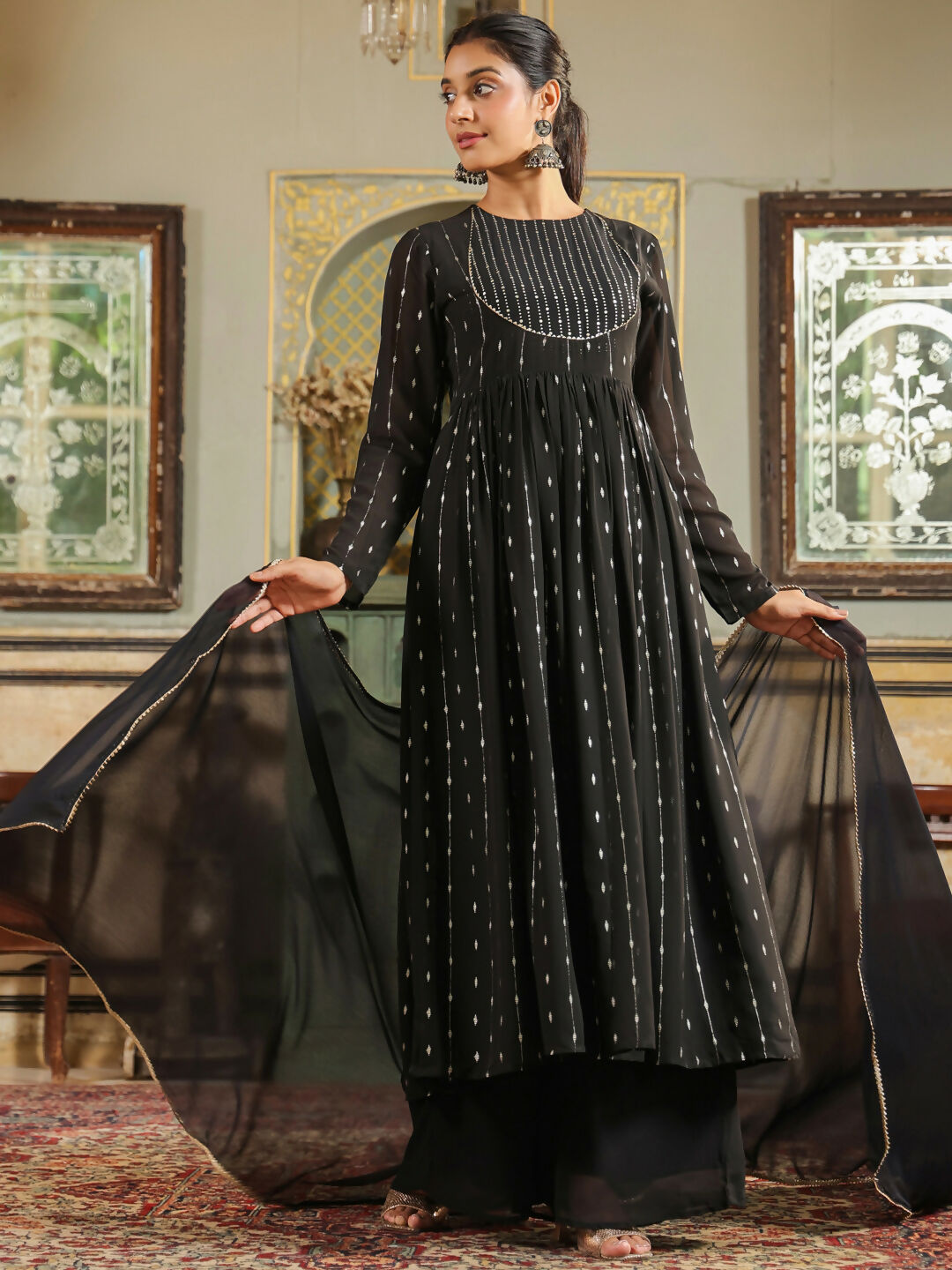Janasya Black Georgette Foil Print Kurta,Bottom & Dupatta 