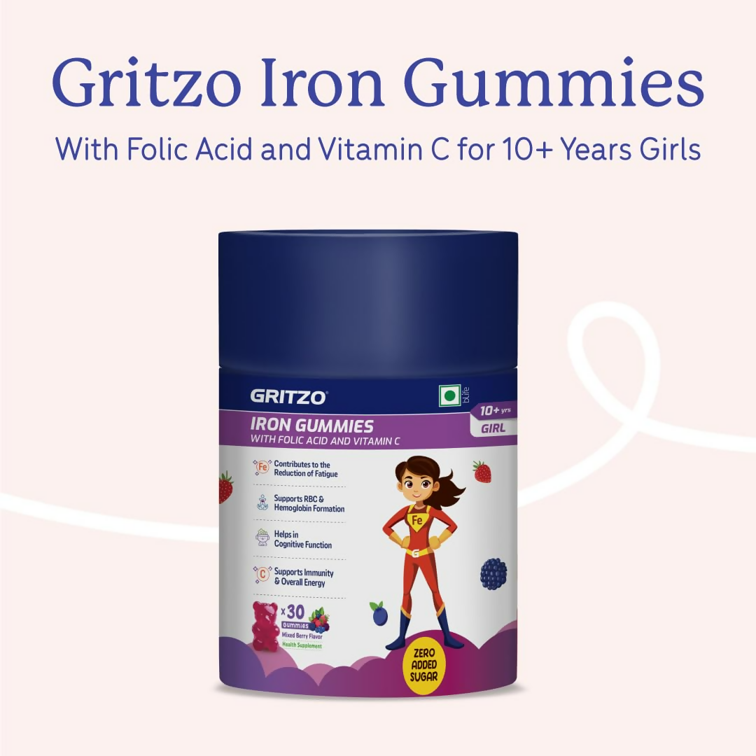Gritzo Iron Gummies With Folic Acid & Vitamin C (10+y Girls) (Mixed Berry Flavour 30 Gummies)