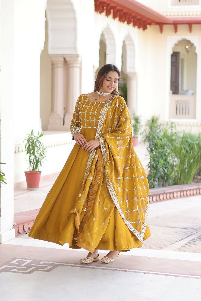 Joban Fashion Yellow Kurta Set Silk Sequins , Zari, Coding & Thread Embroidered work