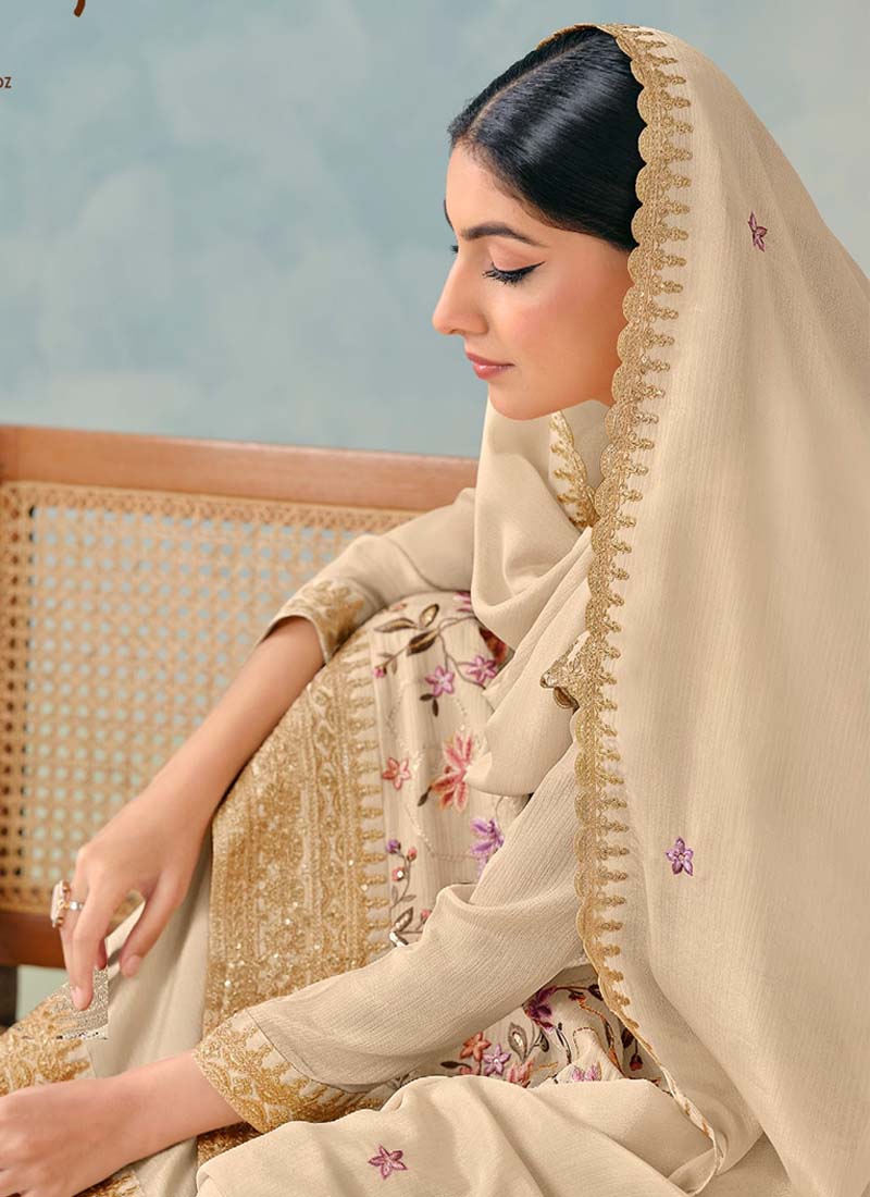Vegaa Fashion Cream Premium Chinon Embroidered Palazzo Suit  Grab2Buy Vegaa Fashion Grab2Buy