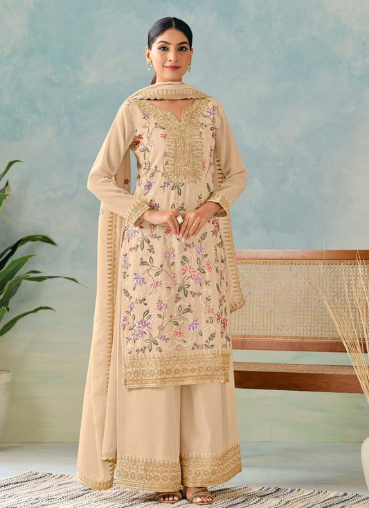 Vegaa Fashion Cream Premium Chinon Embroidered Palazzo Suit  Grab2Buy Vegaa Fashion Grab2Buy