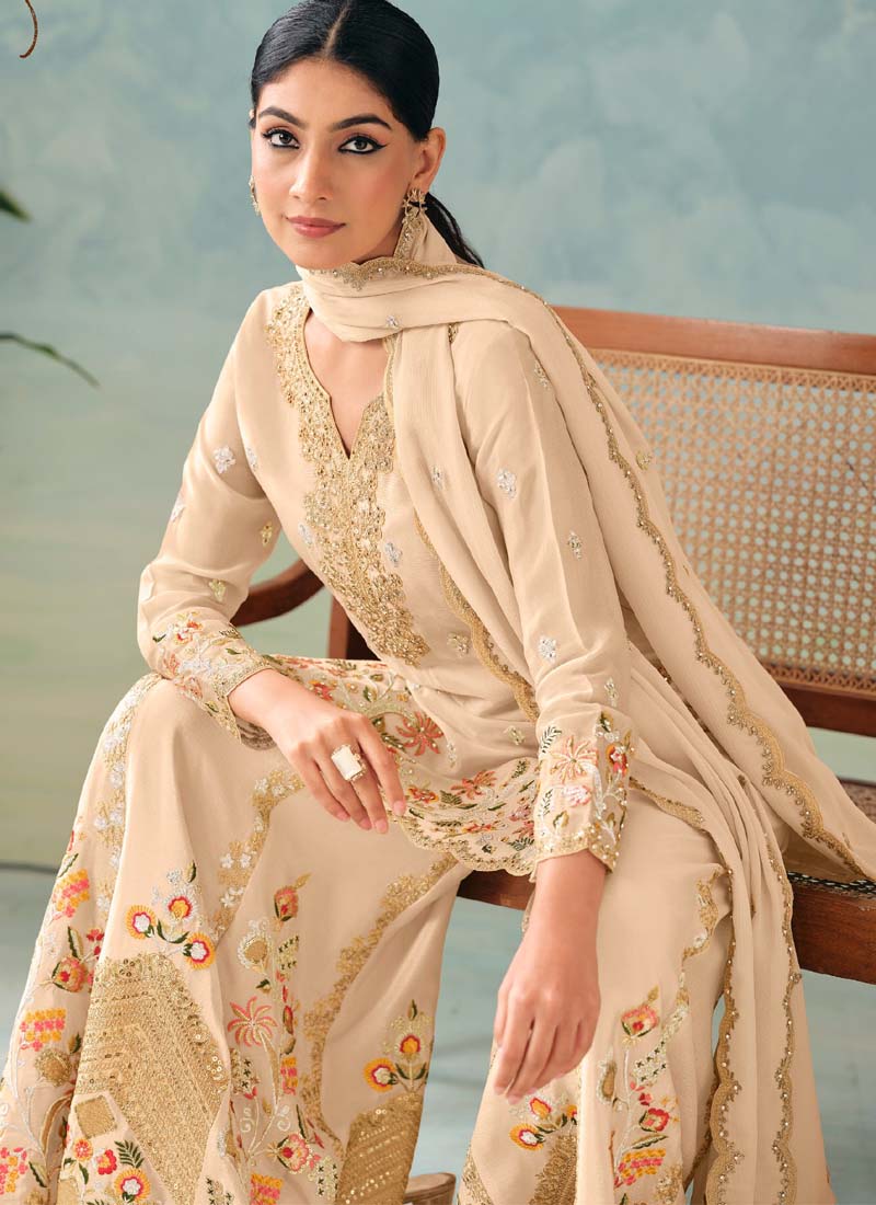 Vegaa Fashion Cream Premium Chinon Embroidered Palazzo Suit  Grab2Buy Vegaa Fashion Grab2Buy