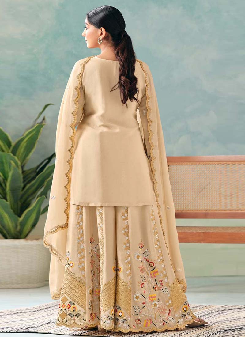 Vegaa Fashion Cream Premium Chinon Embroidered Palazzo Suit  Grab2Buy Vegaa Fashion Grab2Buy