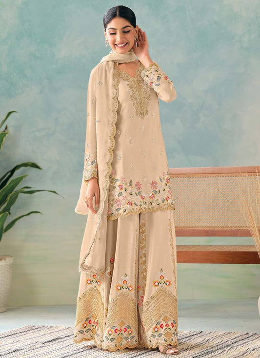 Vegaa Fashion Cream Premium Chinon Embroidered Palazzo Suit  Grab2Buy Vegaa Fashion Grab2Buy