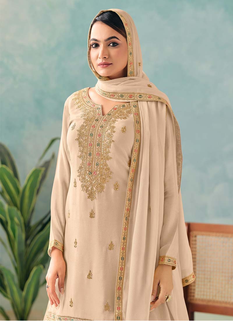 Vegaa Fashion Cream Premium Chinon Embroidered Palazzo Suit  Grab2Buy Vegaa Fashion Grab2Buy