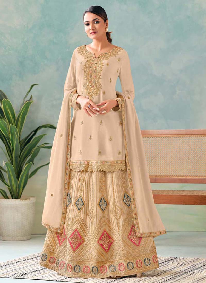 Vegaa Fashion Cream Premium Chinon Embroidered Palazzo Suit  Grab2Buy Vegaa Fashion Grab2Buy