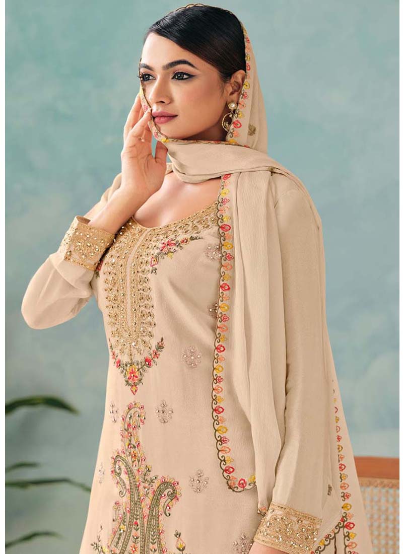 Vegaa Fashion Cream Premium Chinon Embroidered Palazzo Suit  Grab2Buy Vegaa Fashion Grab2Buy