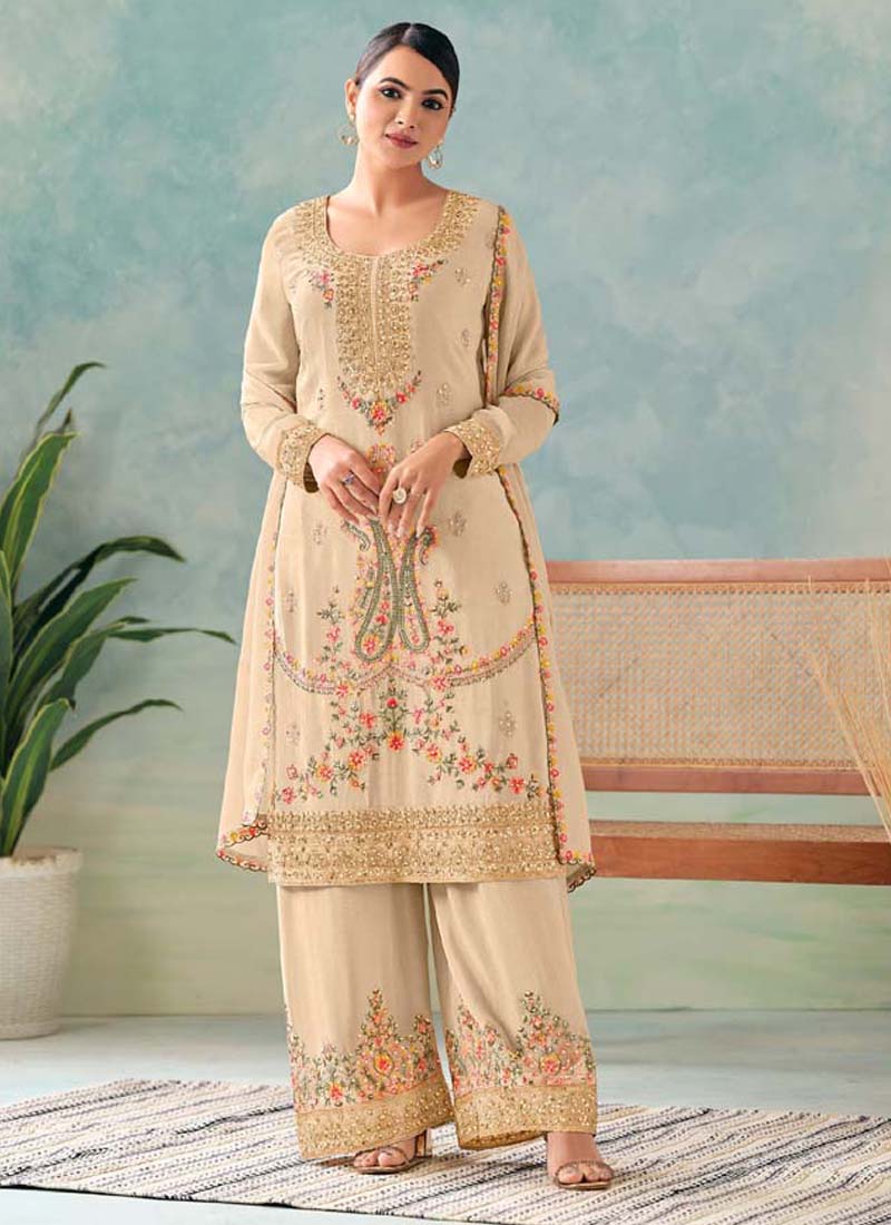 Vegaa Fashion Cream Premium Chinon Embroidered Palazzo Suit  Grab2Buy Vegaa Fashion Grab2Buy