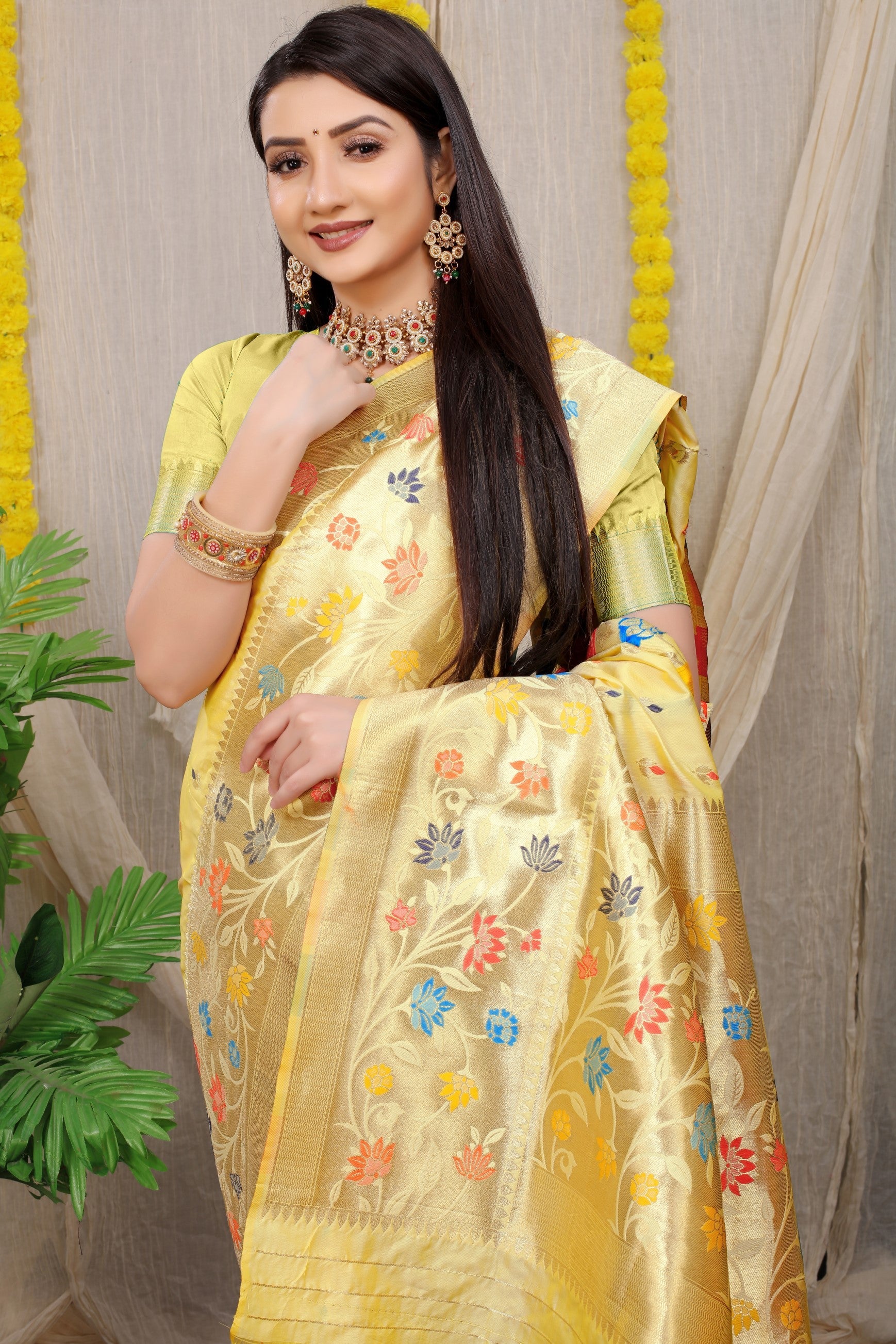 Anaita Cream Woven Design Pure Silk Banarasi Saree With Blouse