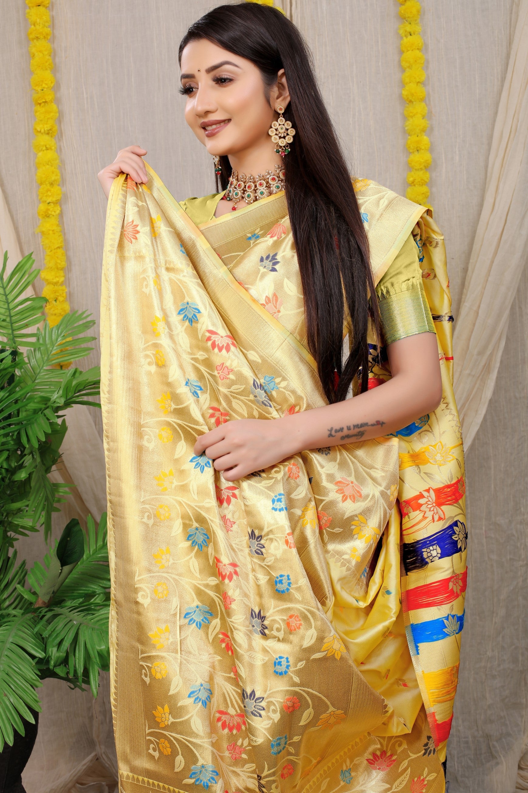 Anaita Cream Woven Design Pure Silk Banarasi Saree With Blouse