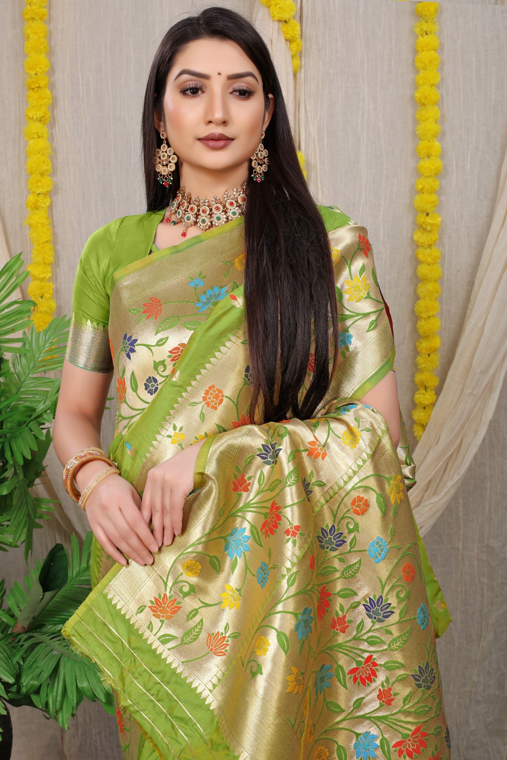 Anaita Green Woven Design Pure Silk Banarasi Saree With Blouse