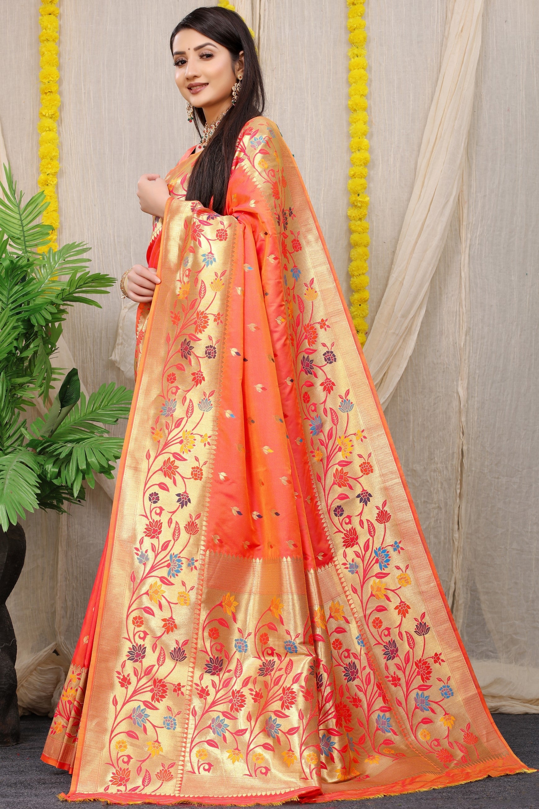 Anaita Peach Woven Design Pure Silk Banarasi Saree With Blouse