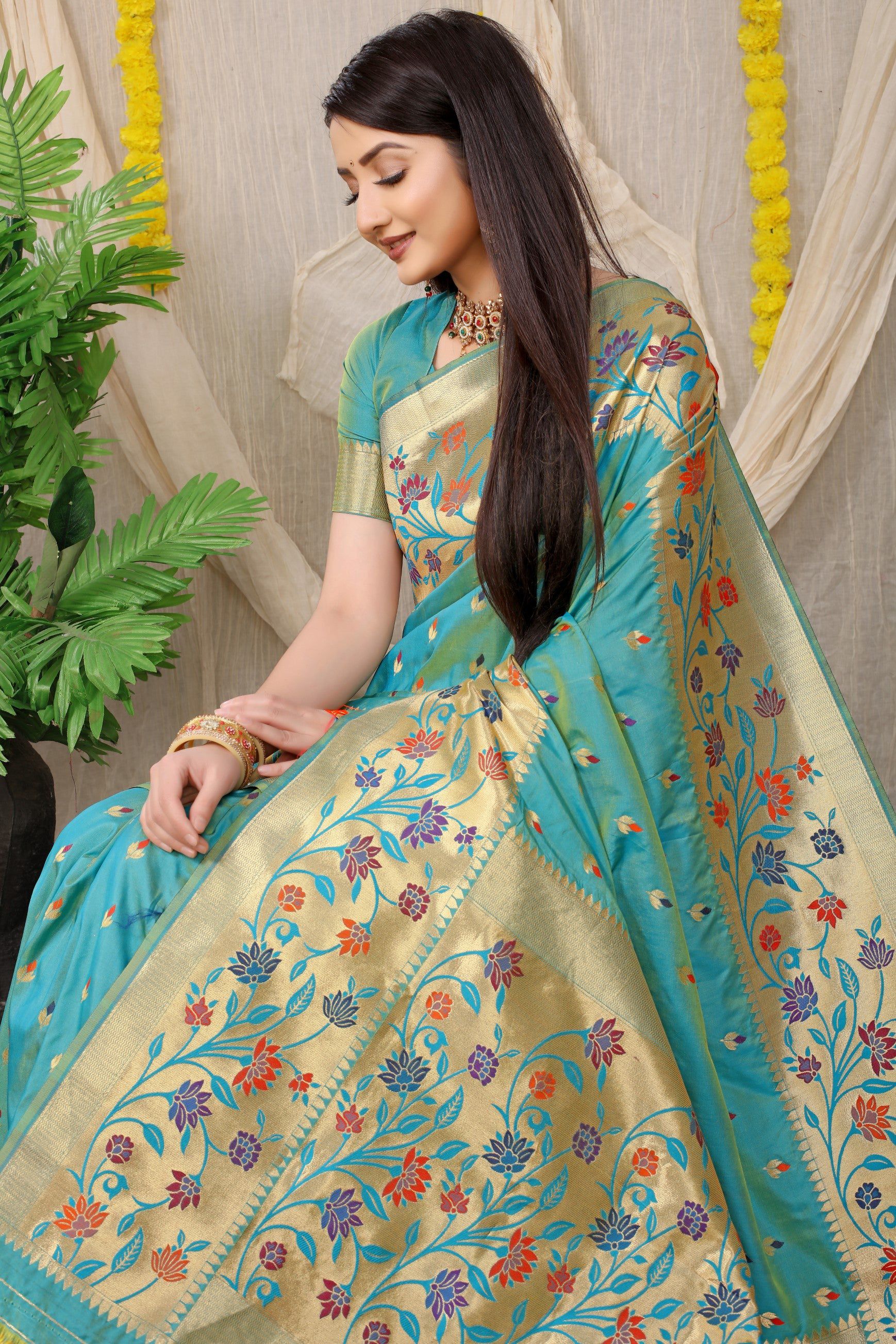 Anaita Sky Woven Design Pure Silk Banarasi Saree With Blouse