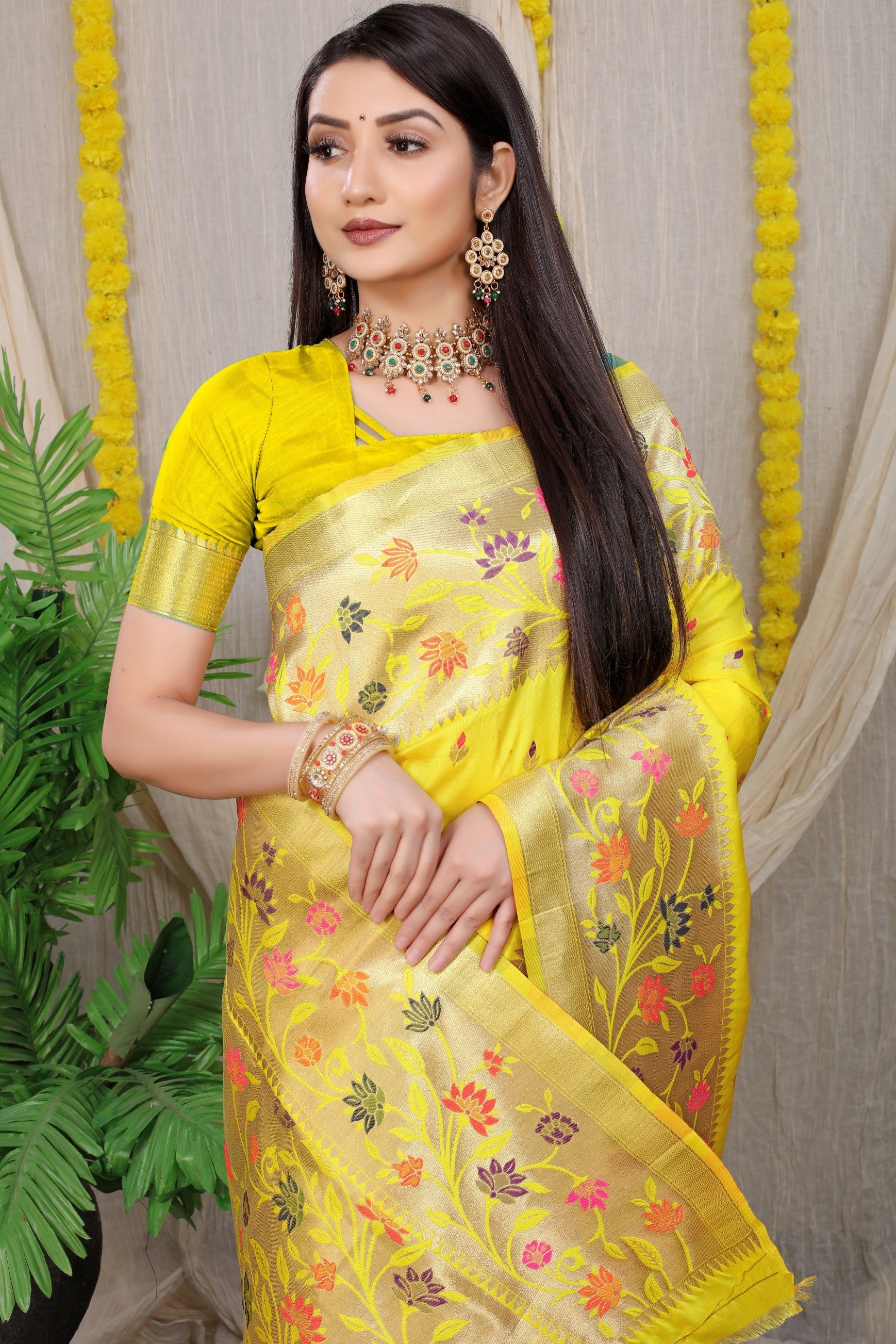 Anaita Yellow Woven Design Pure Silk Banarasi Saree With Blouse