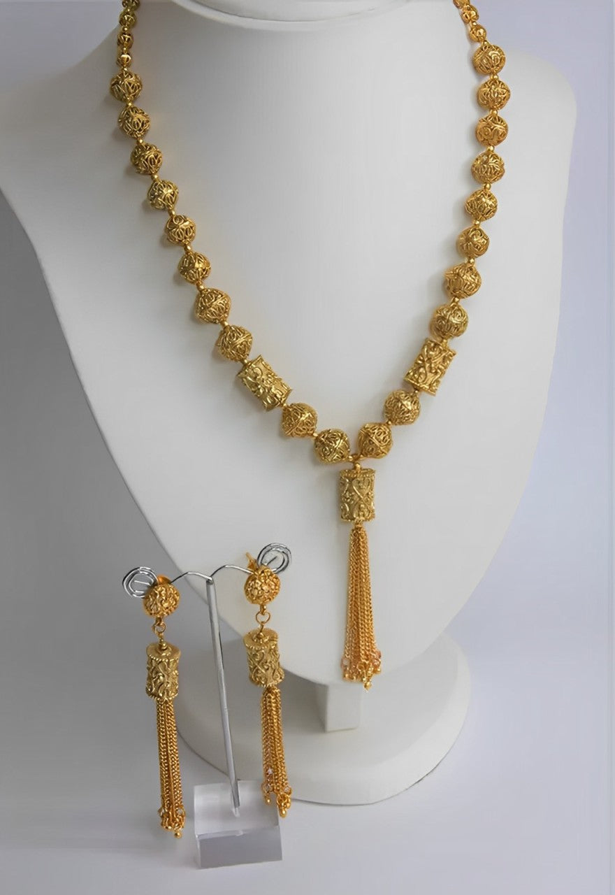 Jewel City Elegant Gold Filigree Tassel Necklace and Earring Set - Traditional Indian Bridal Jewelry | Grab2Buy