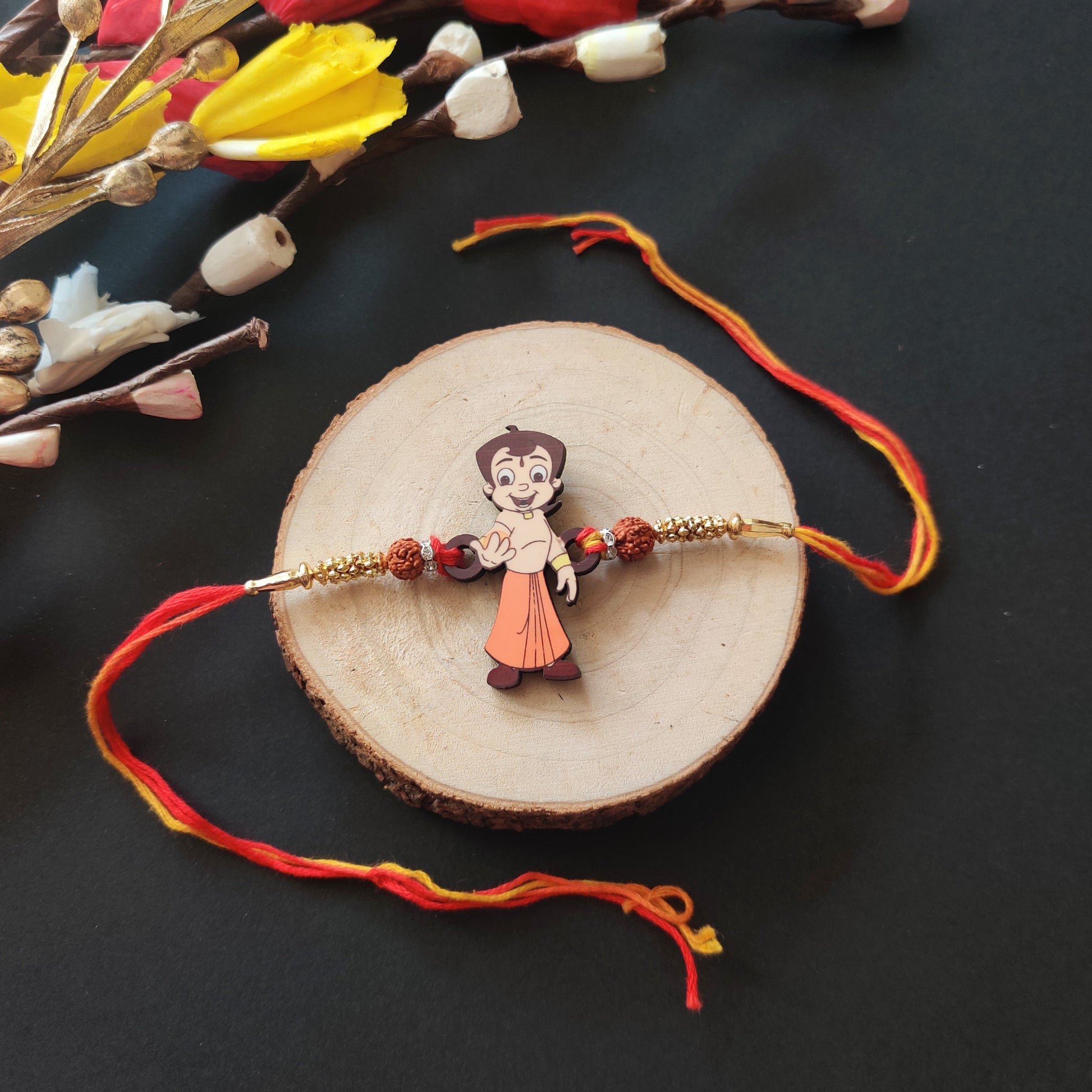 Indianvibez Chota Bheem Wooden Rakhi with Rudraksha, Cartoon Rakhi for Bro, Shop India - Kids Rakhi | Grab2Buy