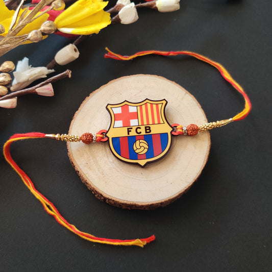 Indianvibez FC Barcelona Wooden Rakhi with Rudraksha, Barca Rakhi for Bro, Shop India - Kids Rakhi | Grab2Buy