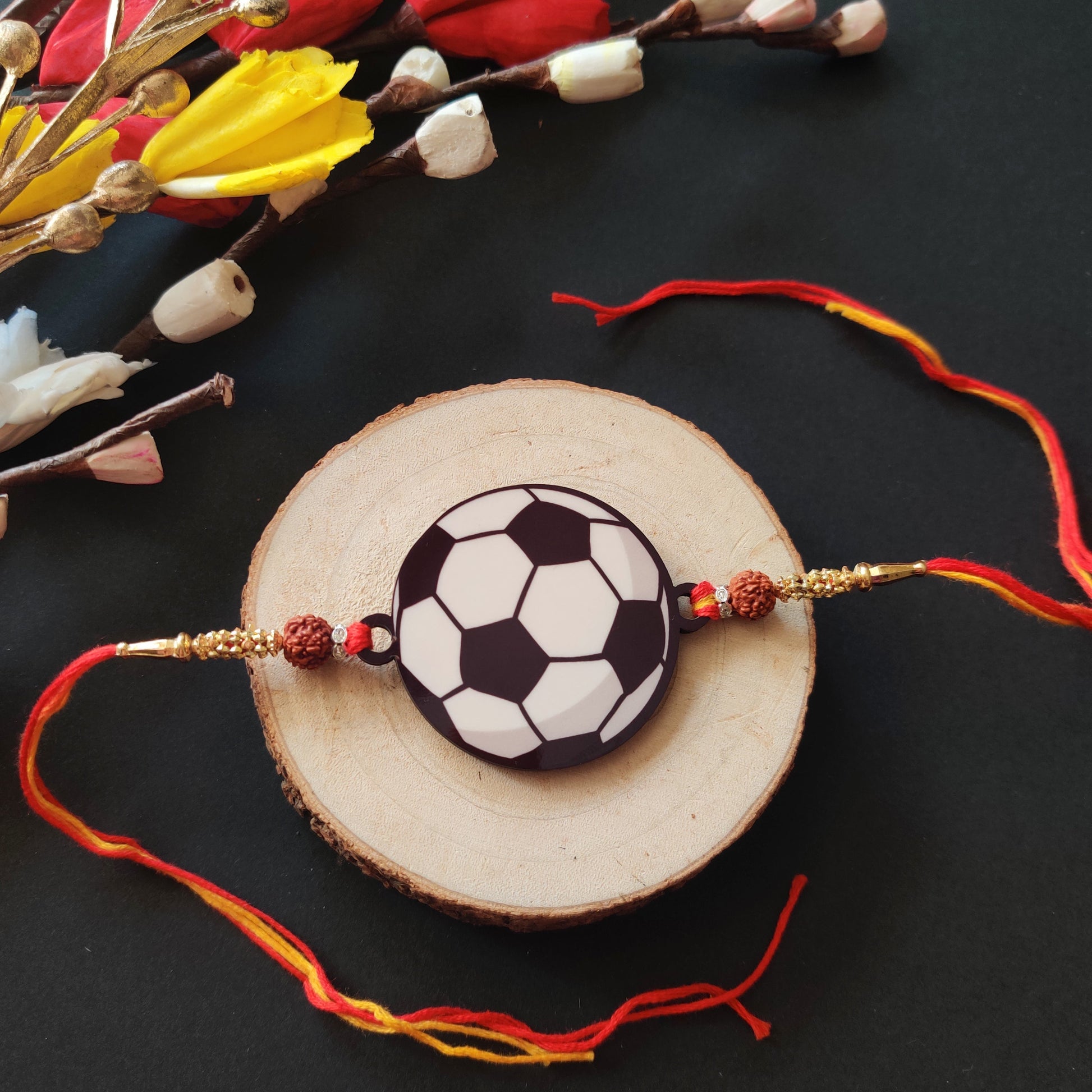 Indianvibez Football Wooden Rakhi with Rudraksha, Soccer Rakhi for Bro, Shop India - Kids Rakhi | Grab2Buy