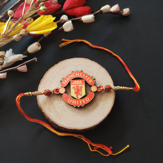 Indianvibez Manchester United Wooden Rakhi with Rudraksha, Football Rakhi for Bro, Shop India - Kids Rakhi | Grab2Buy