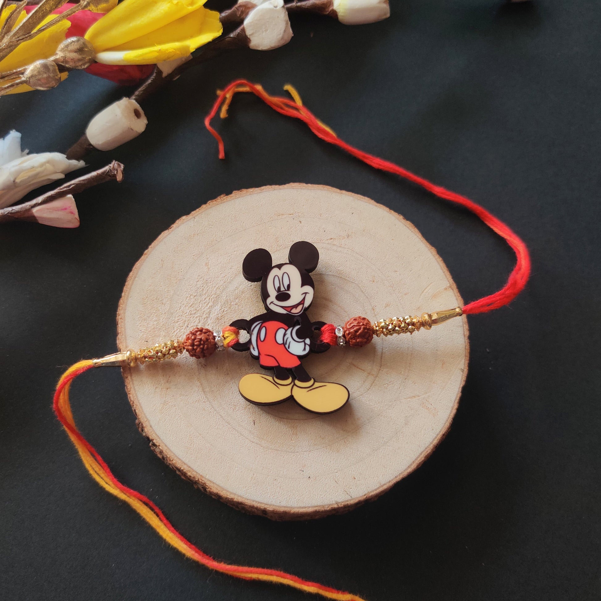 Indianvibez Mickey Wooden Rakhi with Rudraksha, Cartoon Rakhi for Brother, Shop India - Kids Rakhi | Grab2Buy