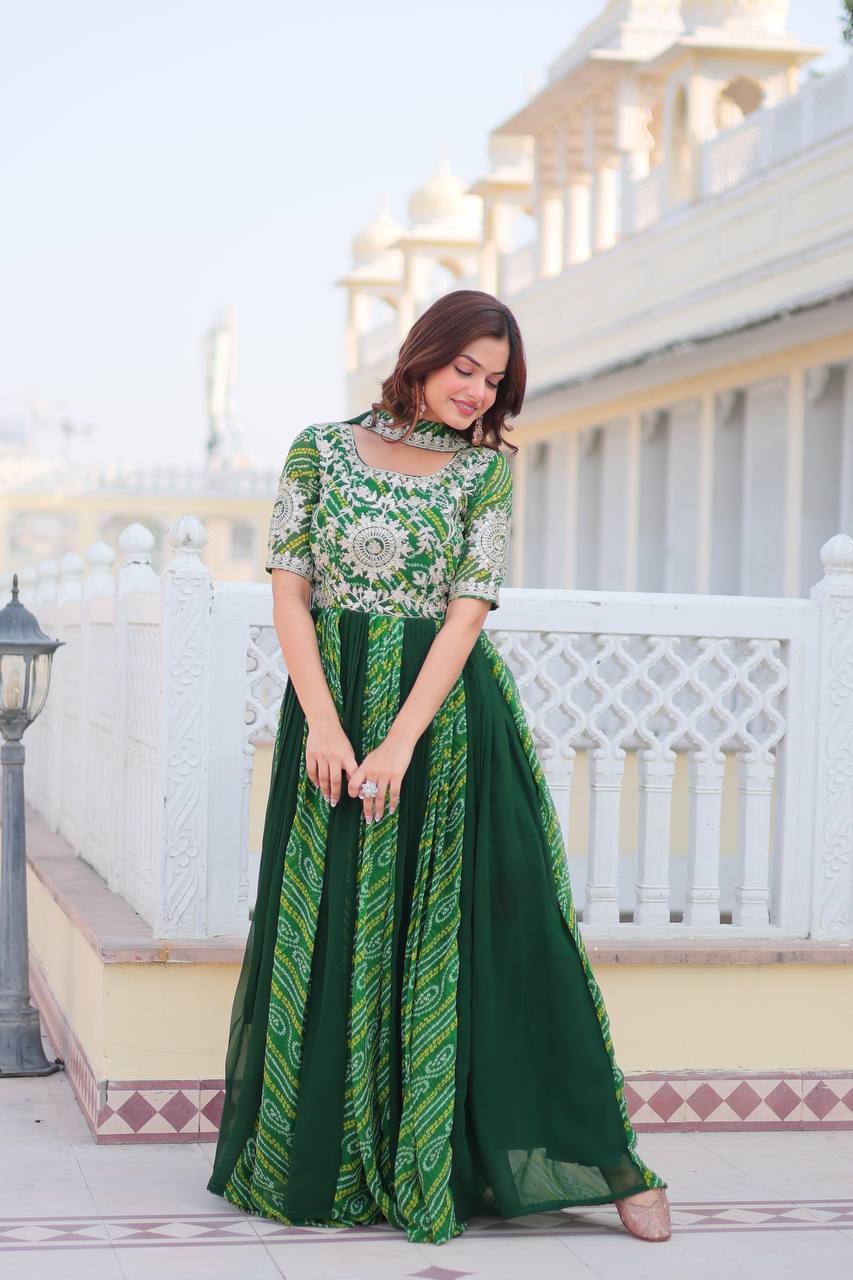 Lehenga Mart Designer Georgette Bandhej Gown & Dupatta
