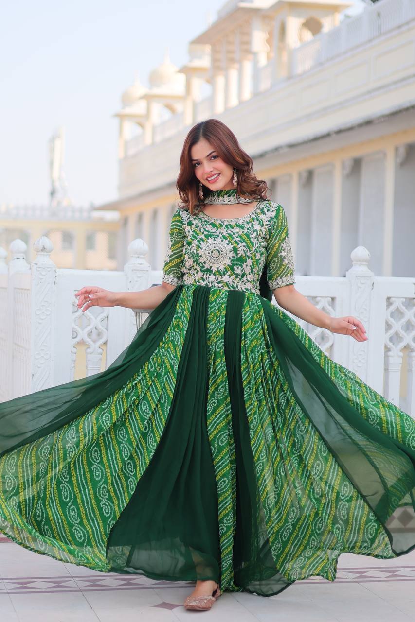 Lehenga Mart Designer Georgette Bandhej Gown & Dupatta