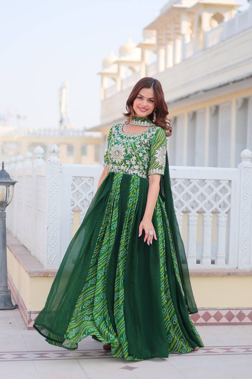 Lehenga Mart Designer Georgette Bandhej Gown & Dupatta