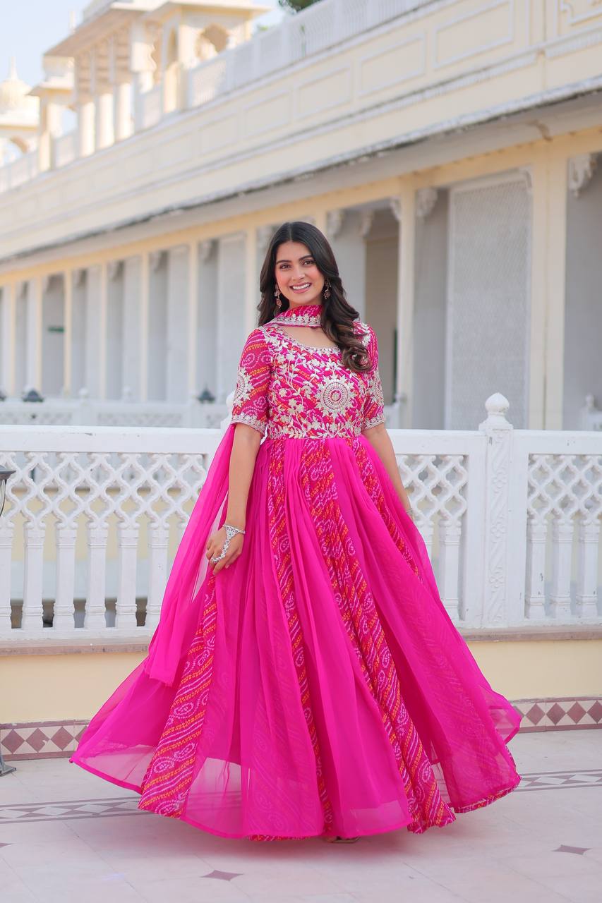 Lehenga Mart Designer Georgette Bandhej Gown & Dupatta