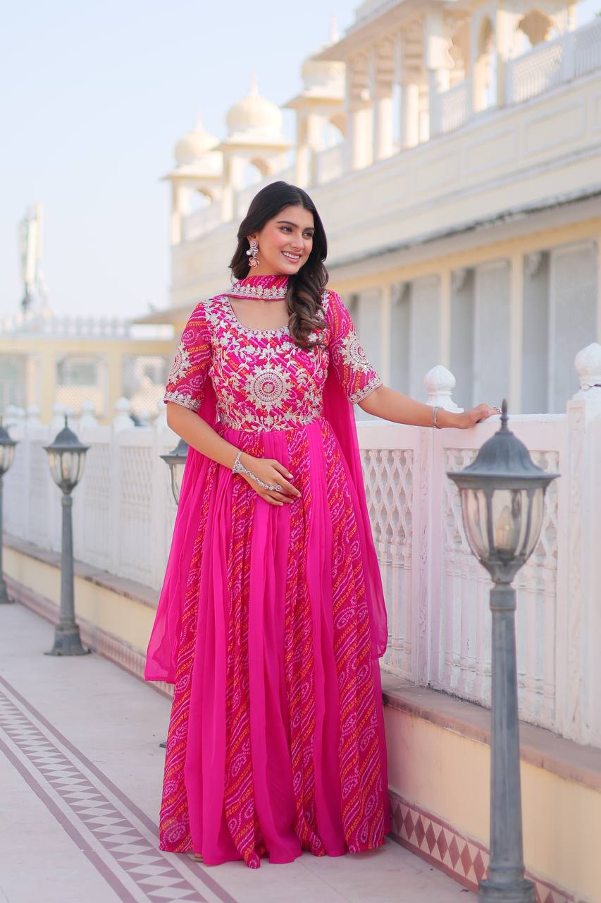 Lehenga Mart Designer Georgette Bandhej Gown & Dupatta